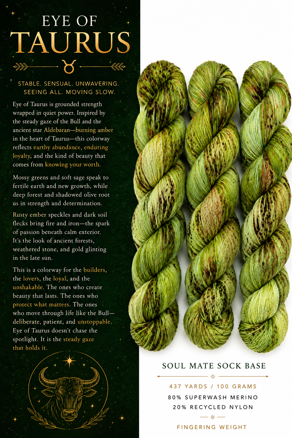 Eye of Taurus hand-dyed fingering weight yarn in mossy green, sage, deep forest, and rusty ember on Soul Mate Sock Base
