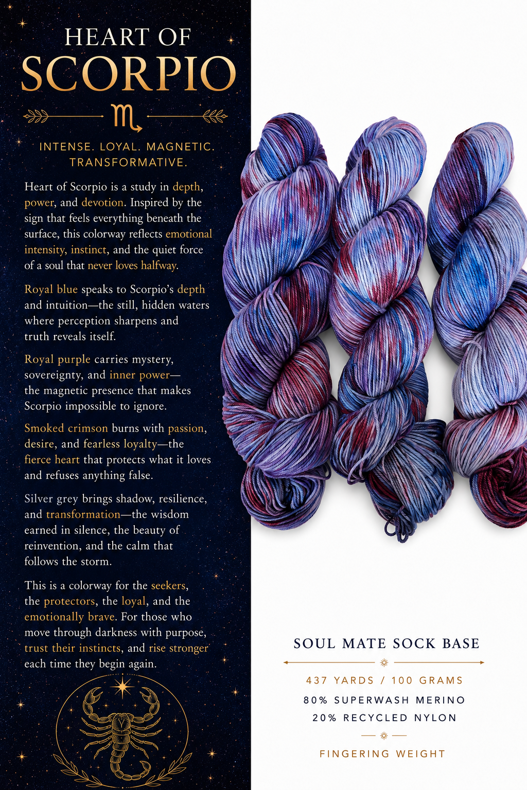 Heart of Scorpio hand-dyed fingering weight yarn in royal blue, royal purple, smoked crimson, and silver grey on Soul Mate Sock Base