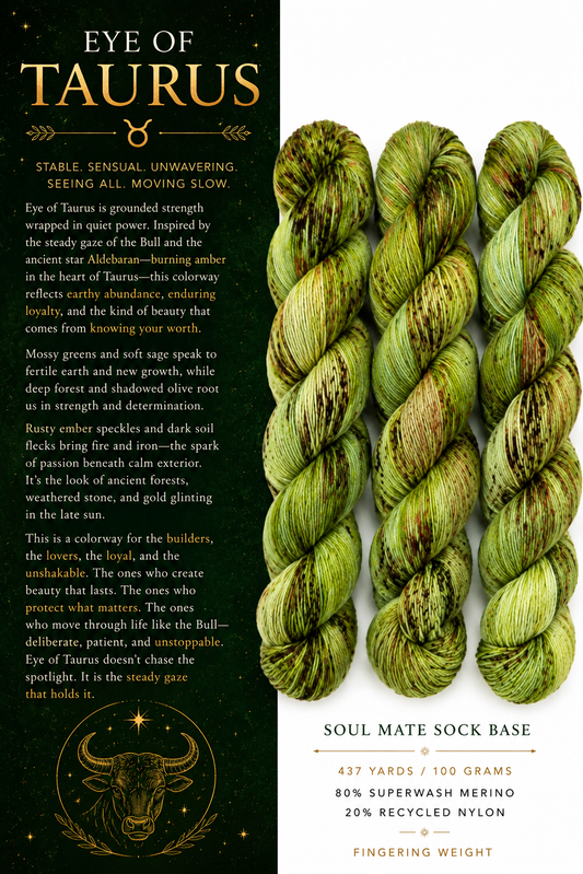 Eye of Taurus hand-dyed fingering weight yarn in mossy green, sage, deep forest, and rusty ember on Soul Mate Sock Base