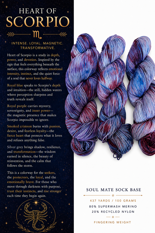 Heart of Scorpio hand-dyed fingering weight yarn in royal blue, royal purple, smoked crimson, and silver grey on Soul Mate Sock Base