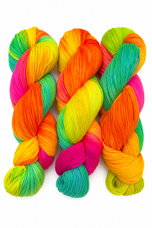 Neon Nostalgia hand-dyed DK weight yarn collection