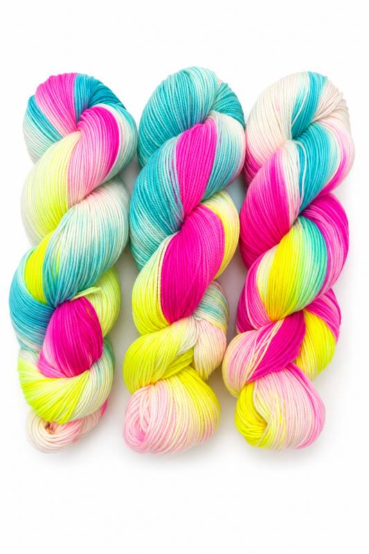 Miami Vice hand-dyed DK weight yarn in neon rainbow marled colorway